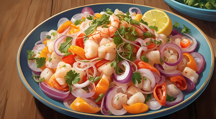 Illustration of a vibrant Peruvian ceviche with fresh fish or seafood marinated in citrus juices, garnished with onions, cilantro, and peppers.
