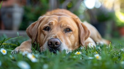 A portrait of an old yellow Labrador retriever lying on the grass among blooming flowers, radiating peace