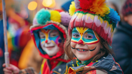 A carnival scene with people of all ages showcasing colorful and creative face paint