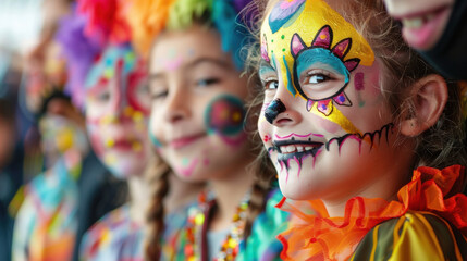 A carnival scene with people of all ages showcasing colorful and creative face paint