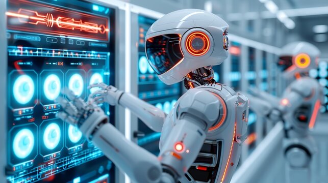 Collaborative robots and humans in a futuristic setting with vivid, luminous technology displays. Illustration, Image, , Minimalism,
