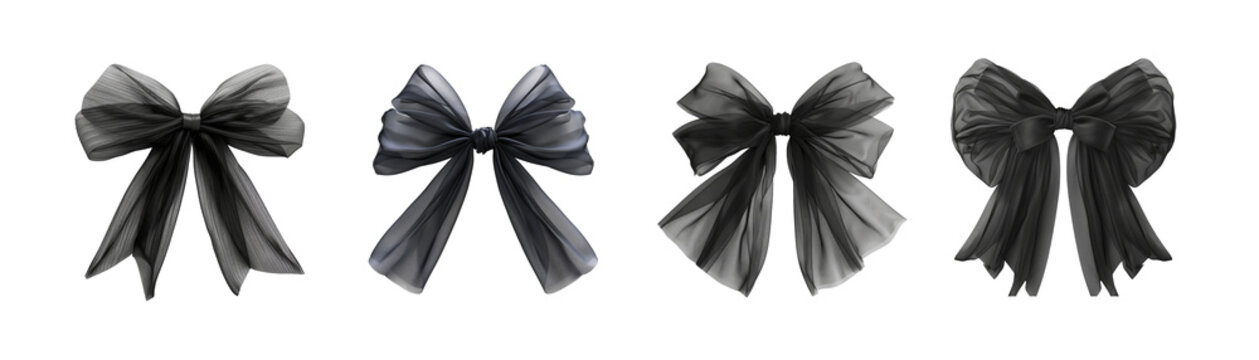 Set of realistic black bows in tulle fabric mesh on a transparent background