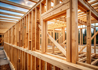 Close-up of wooden house frame under construction, showcasing intricate wood textures and grain patterns, with shallow depth of field emphasizing the framework's rustic beauty.