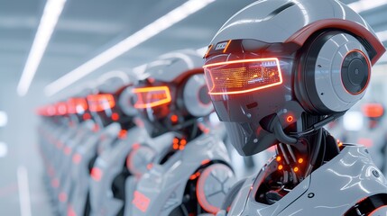 Fototapeta premium Futuristic teamwork: Robots and humans under brilliant, advanced technology lights. Illustration, Image, , Minimalism,