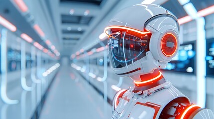 High-tech collaboration: Robots and humans in a futuristic setting with vibrant lighting. Illustration, Image, , Minimalism,