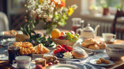 A casual brunch setup on a dining table, with fresh pastries, fruit, coffee, and a relaxed, sunny atmosphere