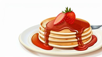 Delicious fluffy pancakes topped with syrup and fruit on a white background.