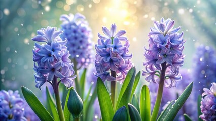 Obraz premium Delicate hyacinths with intricately detailed petals glisten with dew-kissed water drops, set against a serene, misty garden backdrop, evoking a sense of spring's gentle awakening.