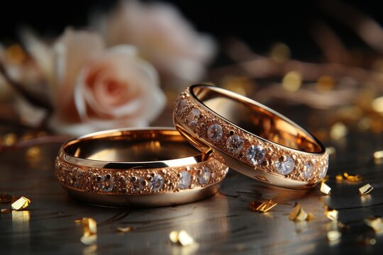 Golden wedding bands on glitter background, symbolizing love and romance, ideal for greetings