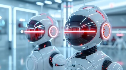 Fototapeta premium Robots and humans collaborating in a futuristic setting with vibrant lighting. Illustration, Image, , Minimalism,