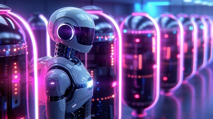 Robots and humans in a futuristic setting, illuminated by vibrant lights. Illustration, Image, , Minimalism,