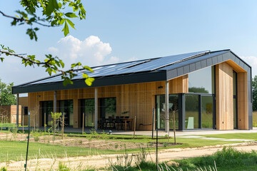 Obraz premium Modern eco-friendly passive house with solar panels on the rooftop