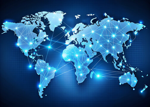 Global network of interconnected glowing dots on a blue world map represents international import, export, distribution, and transportation in a digital business logistics concept.