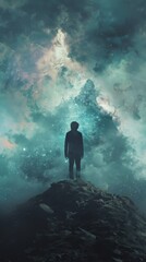 Figure stands on rocky peak, facing massive mountain in clouds and stars