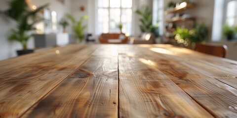 Empty Rustic Wooden Table in a Bright, Modern Home Interior