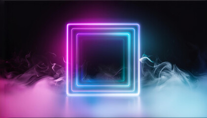 Fototapeta premium Colorful square neon light frames with floating smoke