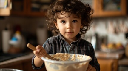 Adorable child mixing batter in the kitchen, engaging in baking activity with a curious and focused expression.