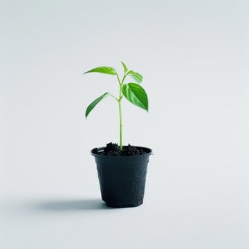 A small green plant with leaves grows in a black pot against a white background.