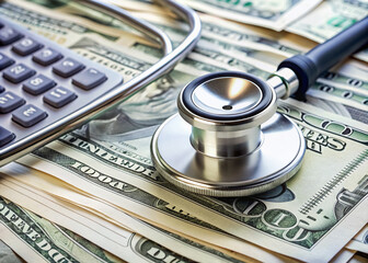 A close-up of medical expenses concept with a stethoscope, calculator, and US dollar bills on a medical billing statement, depicting the financial aspect of healthcare.