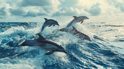 Obraz premium A group of dolphins playfully jumping through the waves in the open sea, with the horizon stretching endlessly