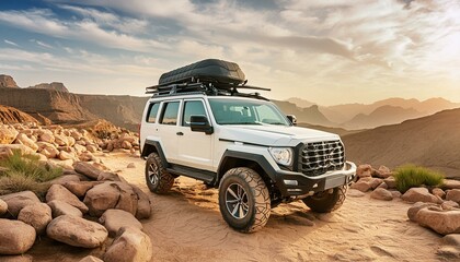 Desert Dominator: Rugged White Off-Road Vehicle with Black Roof Rack in Rocky Terrain"