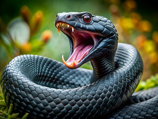 Menacing black viper snake with open mouth and bifurcated tongue, showcasing sharp fangs, hisses and snarls in a predatory pose, exuding deadly aggression.