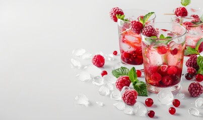 Summer refreshing raspberry cocktail on light background