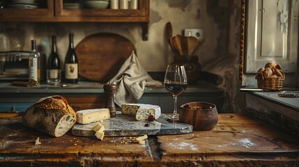 A rustic kitchen setting with assorted cheeses on a marble countertop, accompanied by a glass of red wine and a loaf of fresh bread
