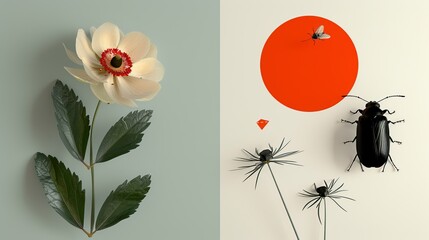 Peaceful backdrop: Flowers, leaves, insects, trees, and geometric shapes in minimalist style. Illustration, Image, , Minimalism,