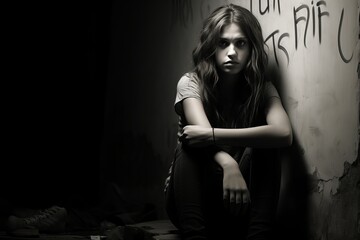 Human trafficking victim in room corner, hand raised with  help  in distressing instant photo