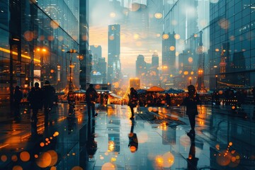 A sleek skyscraper blending with a bustling street market, highlighting cultural vibrancy and urban life.