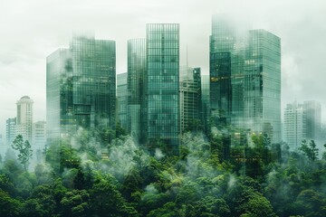 A modern skyscraper combined with a lush forest, illustrating the coexistence of urban and green spaces.