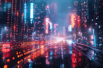 Obraz premium A cyberpunk cityscape with neon signs and holographic advertisements creating a futuristic bokeh effect.
