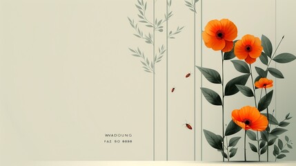 Tranquil minimalist scene with vibrant flowers, leaves, insects, trees, and geometric patterns. Illustration, Image, , Minimalism,
