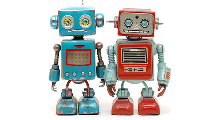 A blue robot with a red and black tail sits,
Antique Tin Robot on White Background
