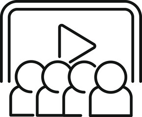 Team is watching a training video with a play button icon, in line style