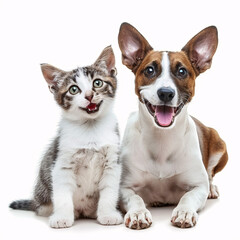 Obraz premium Happy dog and cat enjoying each other's company on a white background, perfect for pet-related events and promotions.