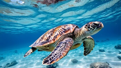 Sea turtle under clear sea water, AI Generated