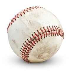 A well-worn baseball with red stitching isolated on a white background.