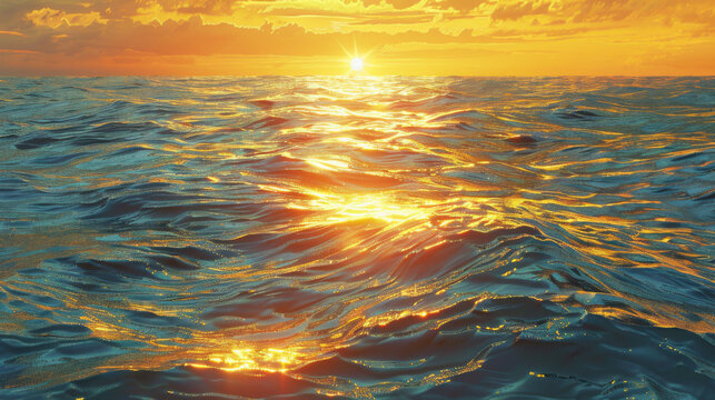 A peaceful sunset over the ocean, with the sun casting golden reflections on the waves and the sky painted in warm hues