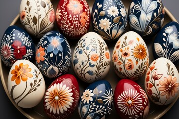 Colorful hand painted easter eggs on white background with floral patterns for artwork design mockup