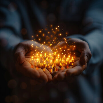 A hand holds out to an icon of people in the form of social network connections