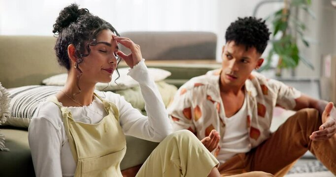 Stress, couple or fight for conflict, divorce or breakup drama in home living room. Argument, man and woman in conversation for cheating crisis, mistake or frustrated at relationship fail in marriage