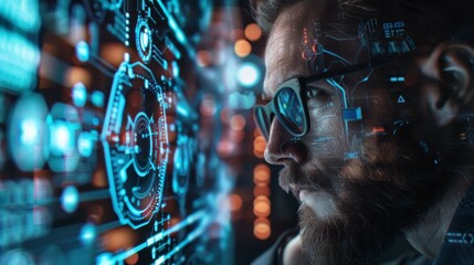 Thoughtful Man Analyzing Data on Futuristic Digital Displays