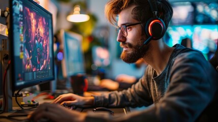 Obraz premium White male game designers use desktop computers and 3D modeling software to design unique characters and worlds for immersive RPG video games. Someone who works in the diversity office of a game devel