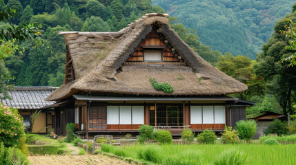 A rustic Japanese farmhouse with a thatched roof, nestled in a picturesque rural setting