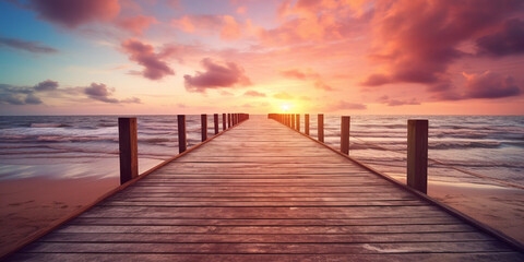 Obraz premium Empty wooden walkway on the ocean coast in the sunset
