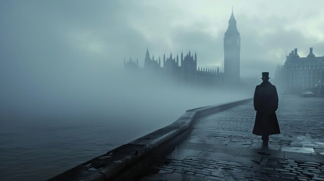 A detective in the fog searching for clues in London. in movie style
