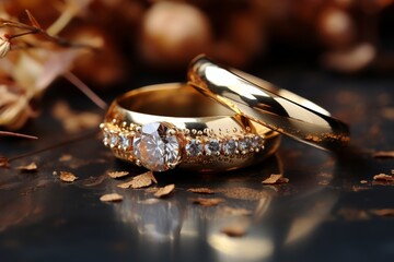 Golden wedding bands on glittery background, symbolizing love and romance with space for greetings