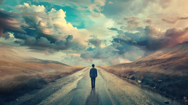 Alone, alone, the concept of means and choices. Lonely man and surreal road